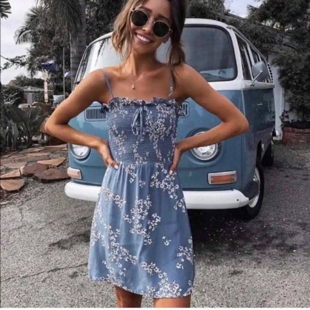 Faithful The Brand Marni Shirred Elastic Chest flower blue Mini dress. Revolve